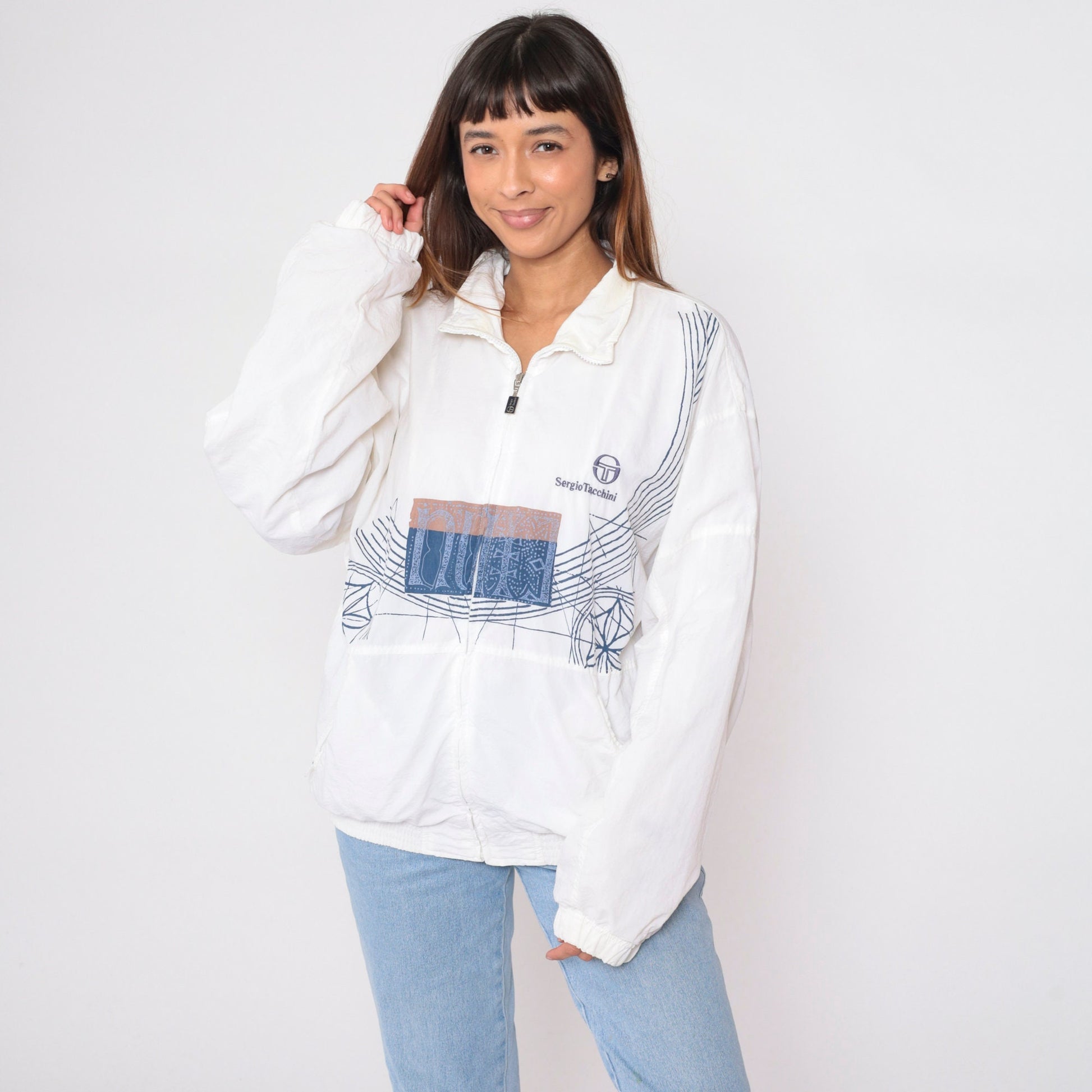 Sergio Tacchini 90s White Geometric Windbreaker Jacket Large L