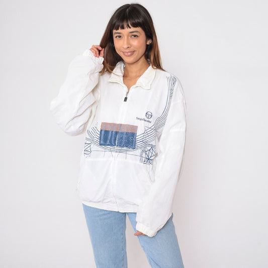 Sergio Tacchini 90s White Geometric Windbreaker Jacket Large L