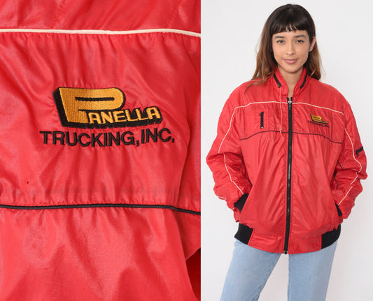 80s Panella Trucking Jacket Red Nylon Zip Hood Workwear XXL