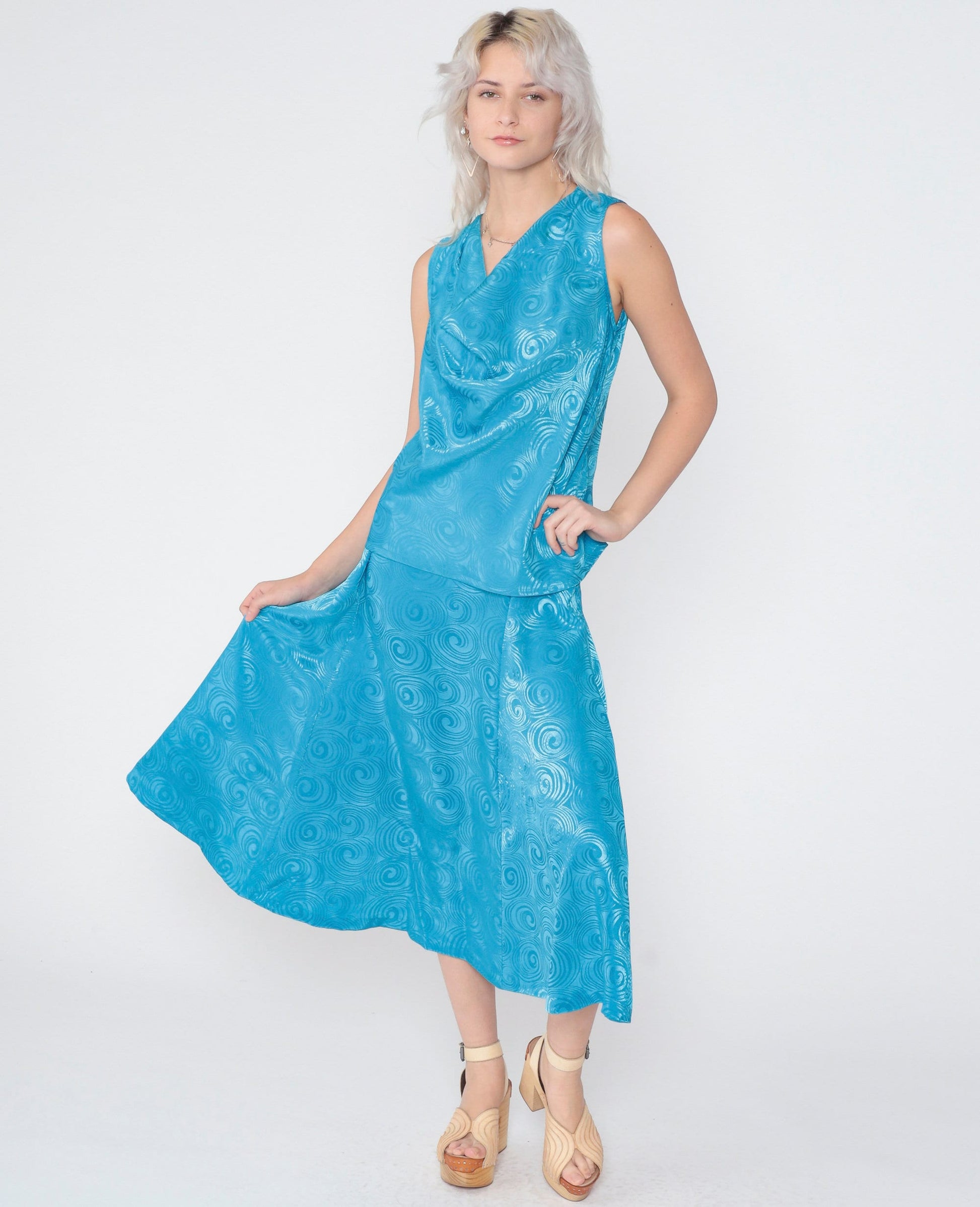 80s Oui Petites Two Piece Set Blue Swirl Cowl Neck Tank Midi Skirt XS
