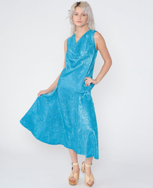 80s Oui Petites Two Piece Set Blue Swirl Cowl Neck Tank Midi Skirt XS
