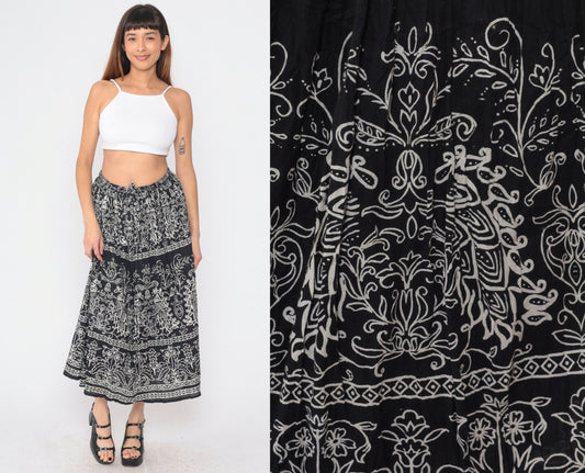 90s Jane Ashley Black Floral Midi Skirt Drawstring Waist Cotton Small