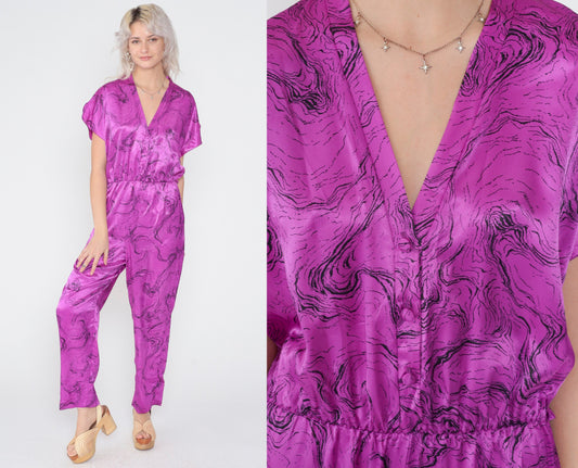 80s Purple Marble Jumpsuit Shiny High-Waisted Tapered V-Neck Small