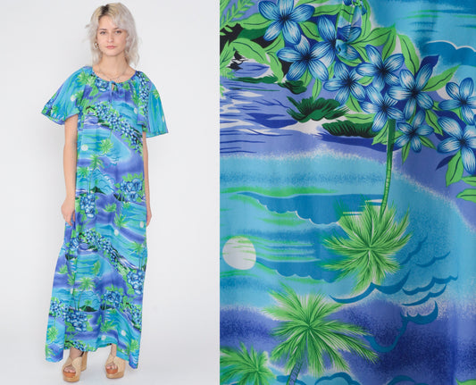 1970s Hilo Hattie's Hawaiian Maxi Dress Tropical Floral Print Flutter Sleeve Small