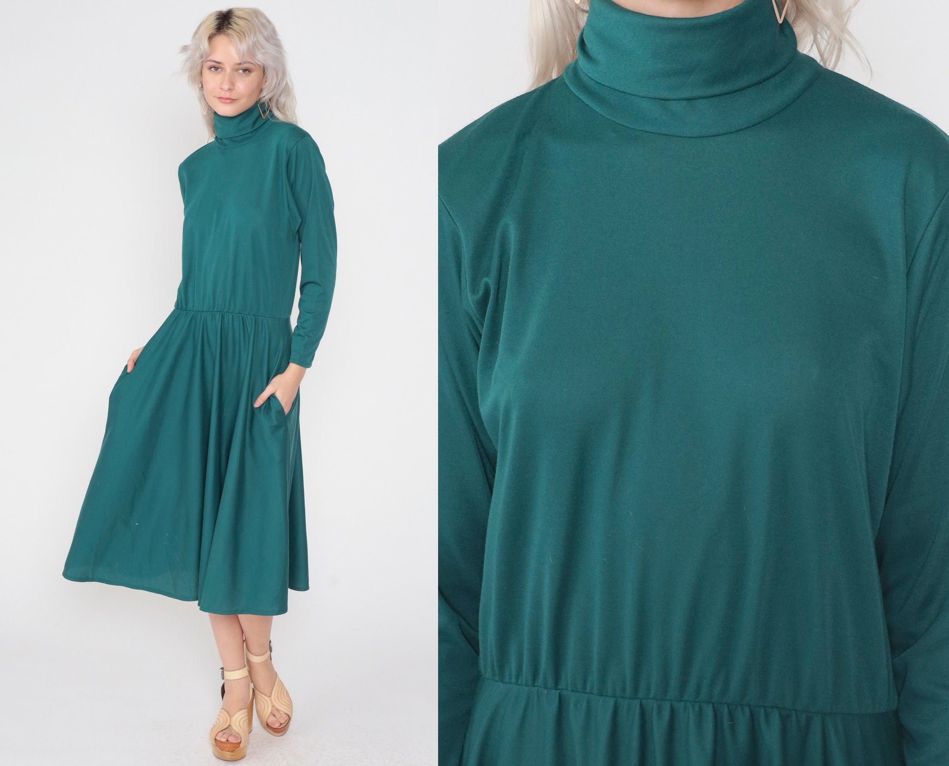 70s Green Turtleneck Midi Dress High Waisted Long Sleeve Pockets Medium