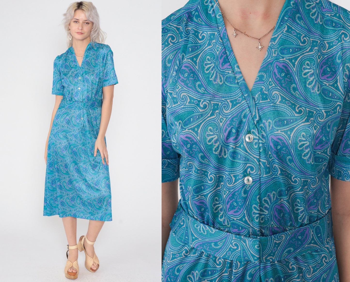 70s Blue Paisley Midi Dress Button-Up Shirtwaist High Waisted Medium