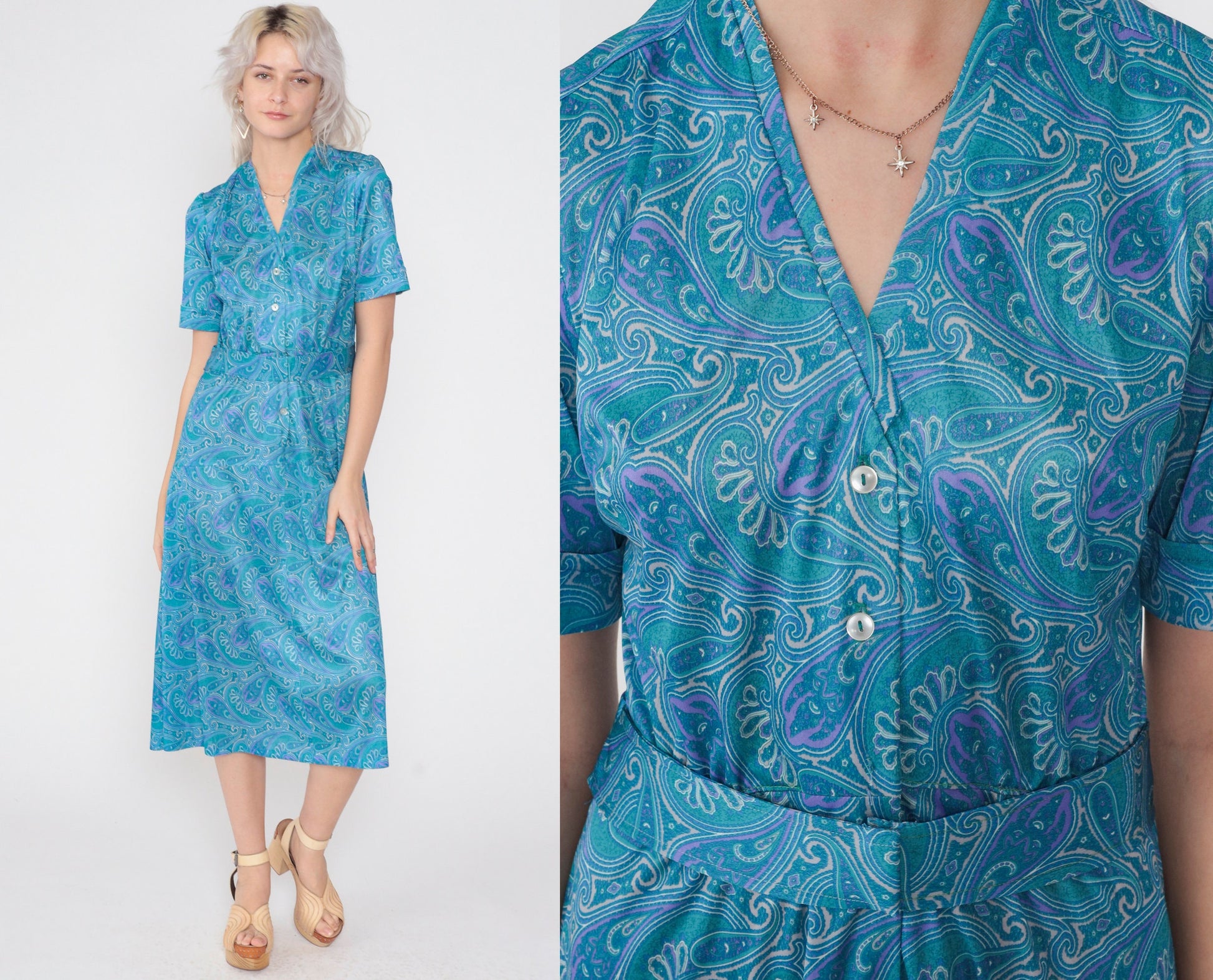 70s Blue Paisley Midi Dress Button-Up Shirtwaist High Waisted Medium