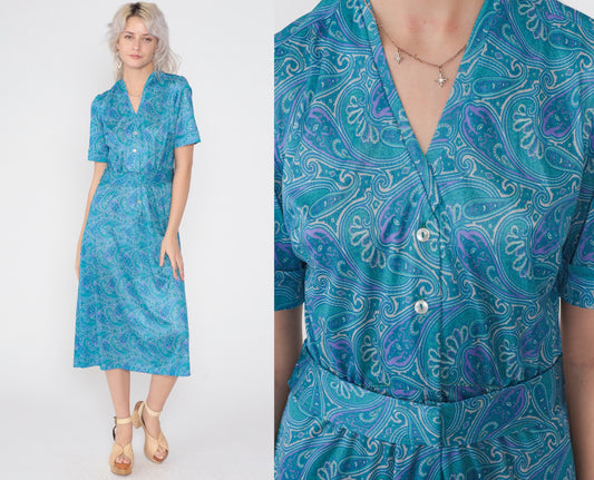 70s Blue Paisley Midi Dress Button-Up Shirtwaist High Waisted Medium