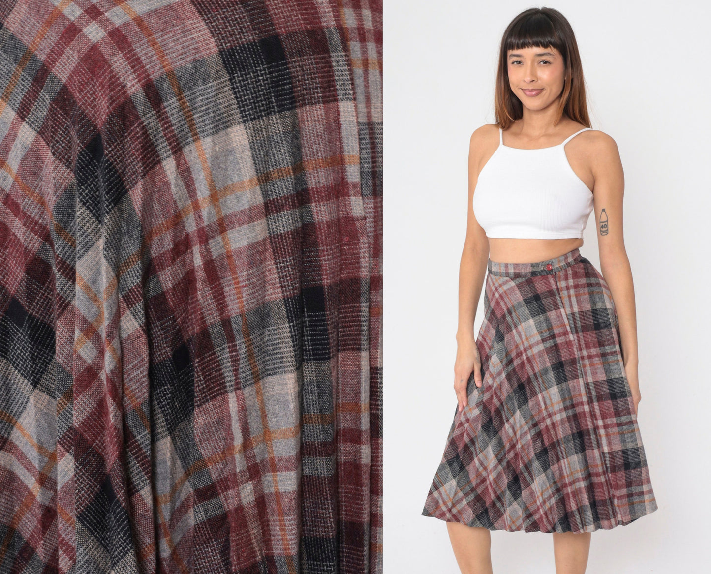 80s Plaid Wool Blend Pleated Skirt High Waist Knee Length Red Grey Small