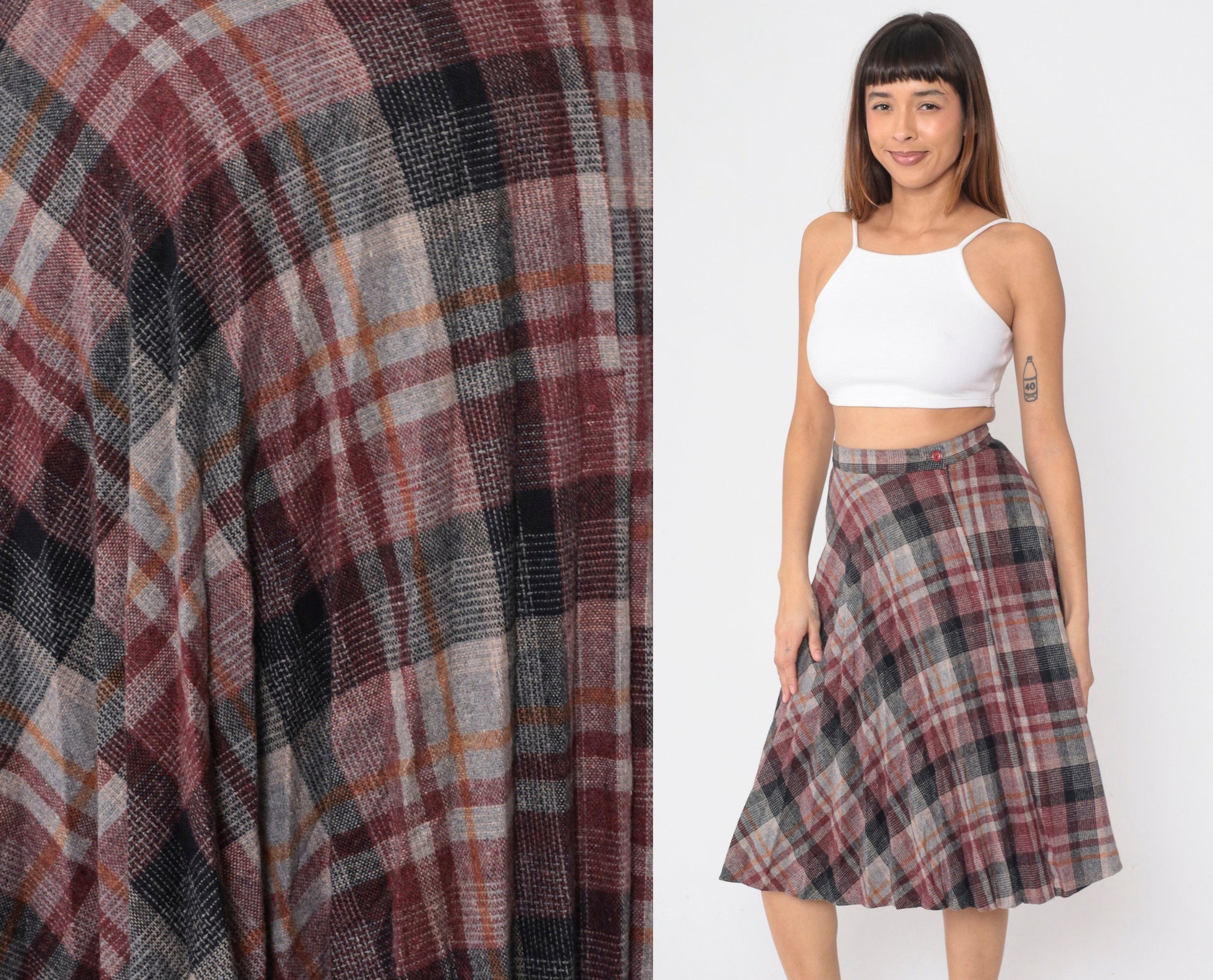80s Plaid Wool Blend Pleated Skirt High Waist Knee Length Red Grey Small