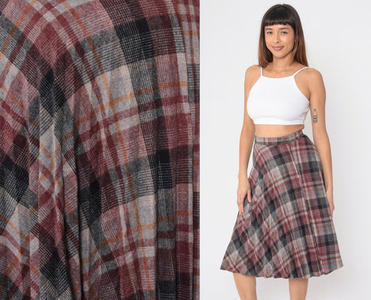 80s Plaid Wool Blend Pleated Skirt High Waist Knee Length Red Grey Small