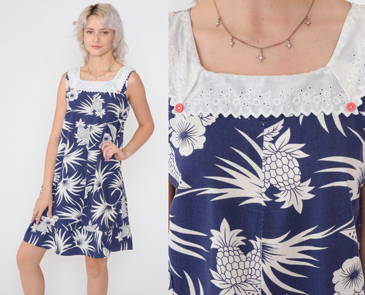 80s Hawaiian Tropical Mini Dress Blue Pineapple Leaf Print Eyelet Lace Small