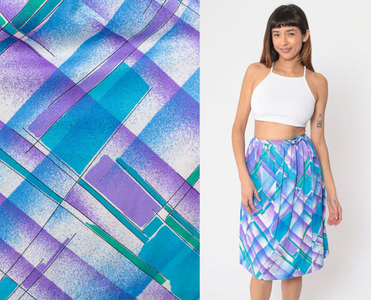 80s Checkered Knee Skirt Blue Purple White Plaid High Waist Tie Small