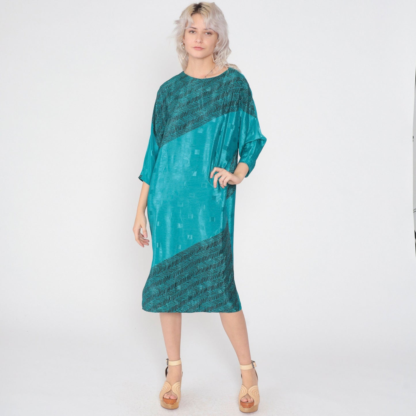 80s Brenner Petites Shiny Green Midi Dress Embossed Zigzag Half Sleeve Medium
