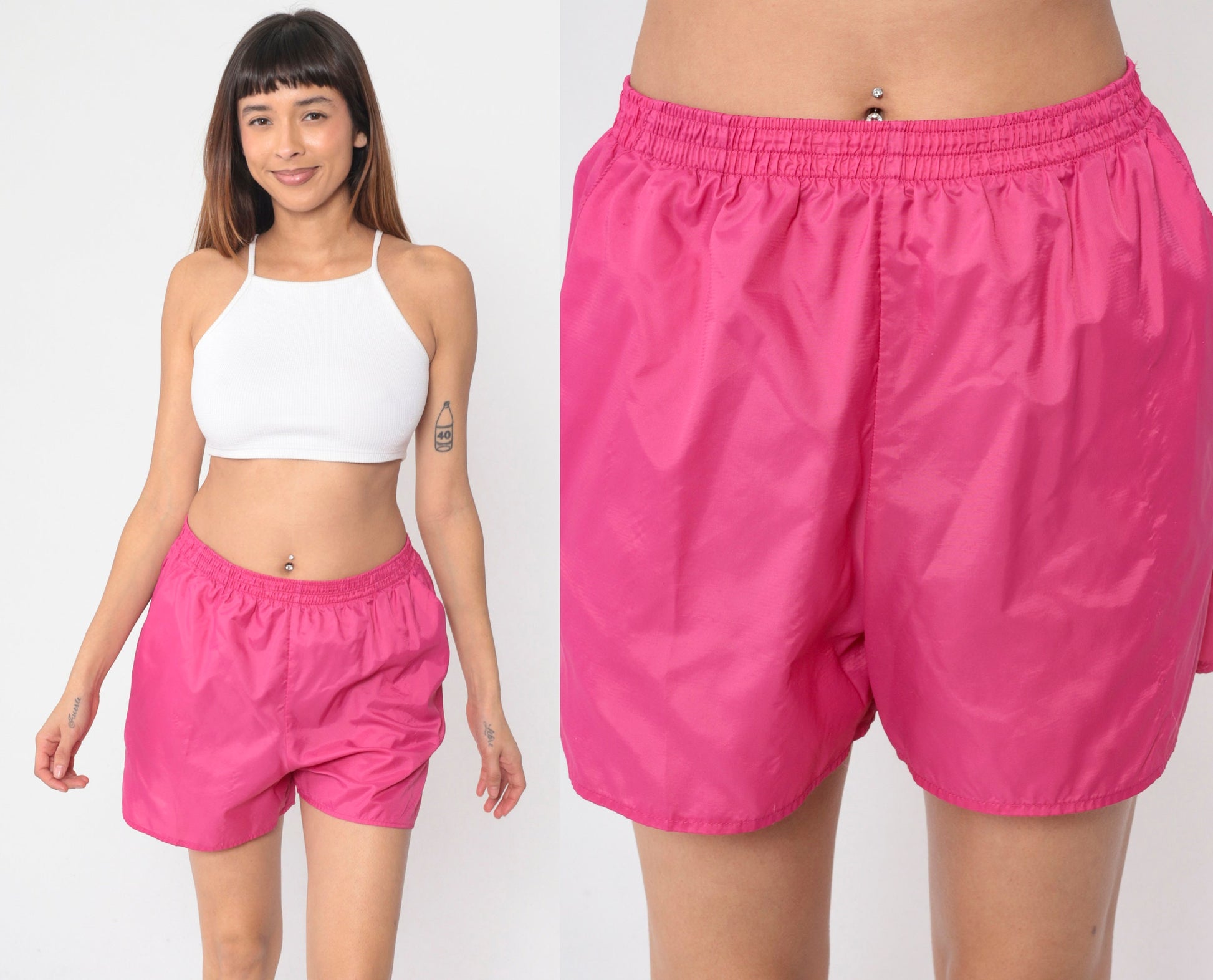 90s Hot Pink Nylon Gym Shorts High Waist Elastic Waist Small Medium