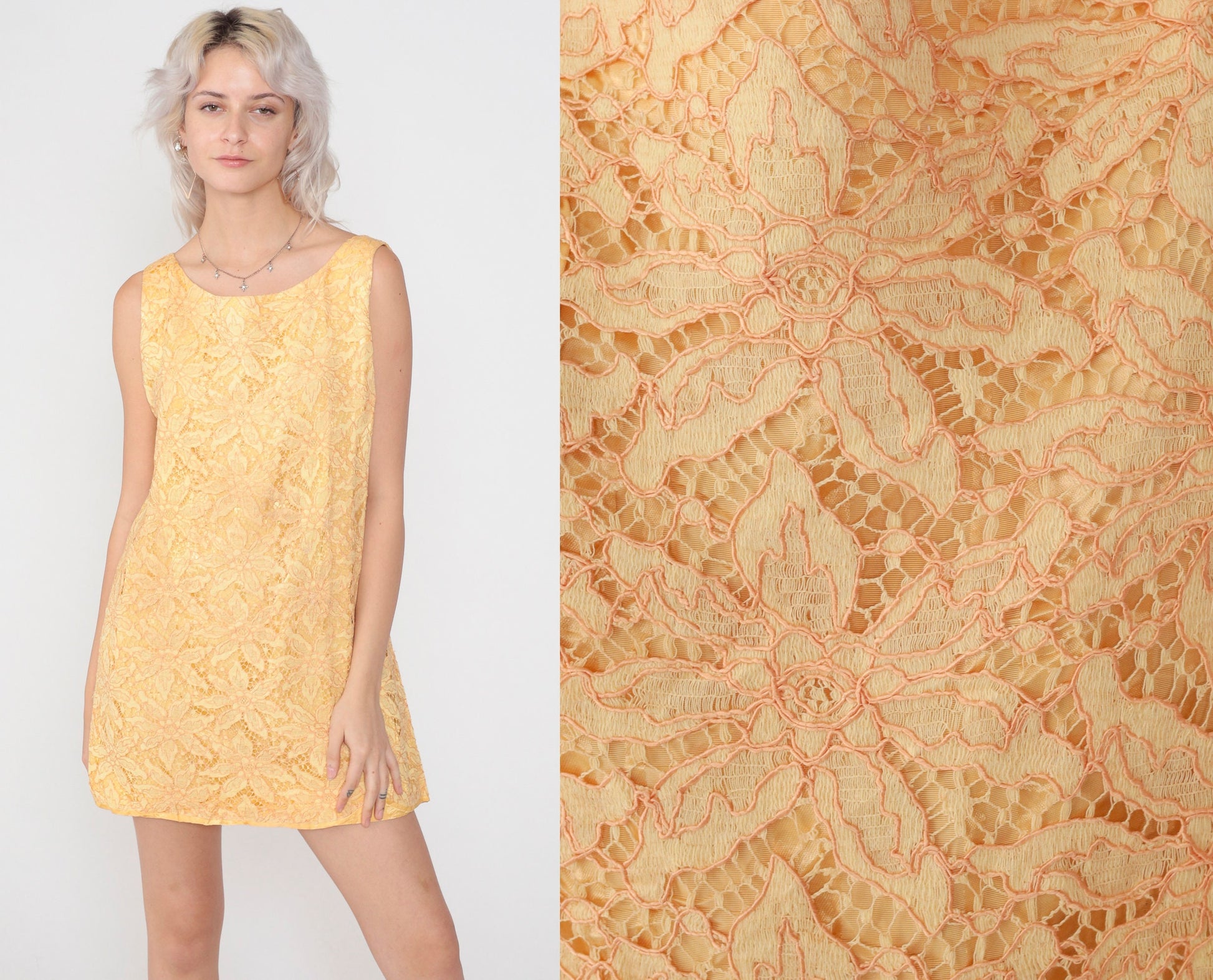 60s Yellow Floral Lace Shift Dress Mini Sleeveless Cocktail Medium M