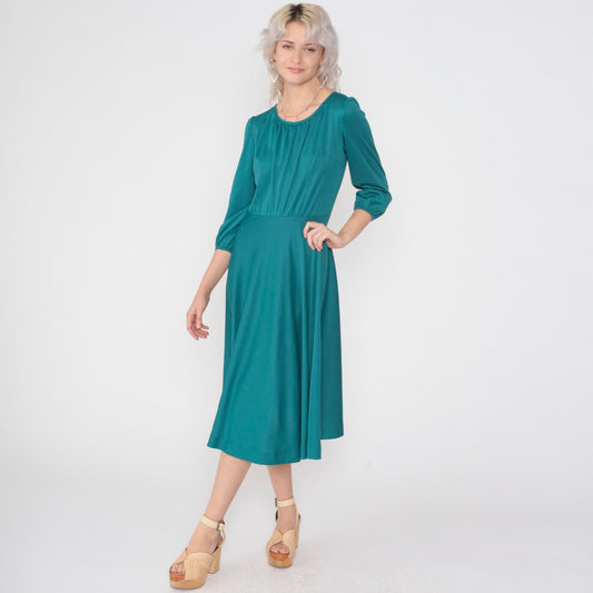 70s Teal Green Midi Dress High Waisted Puff Sleeve Pleated Medium