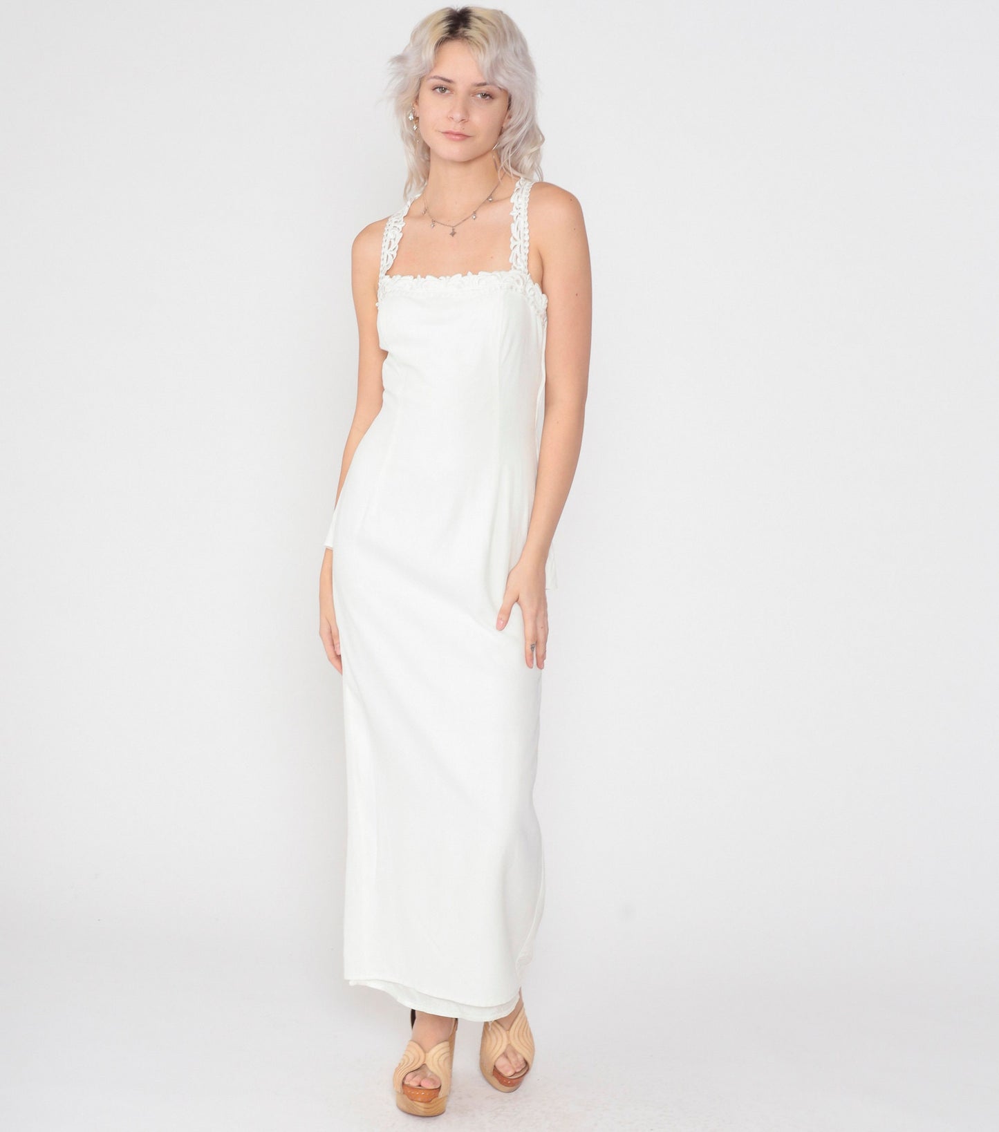 80s Scott McClintock White Maxi Dress Floral Lace Open Back Peplum Small