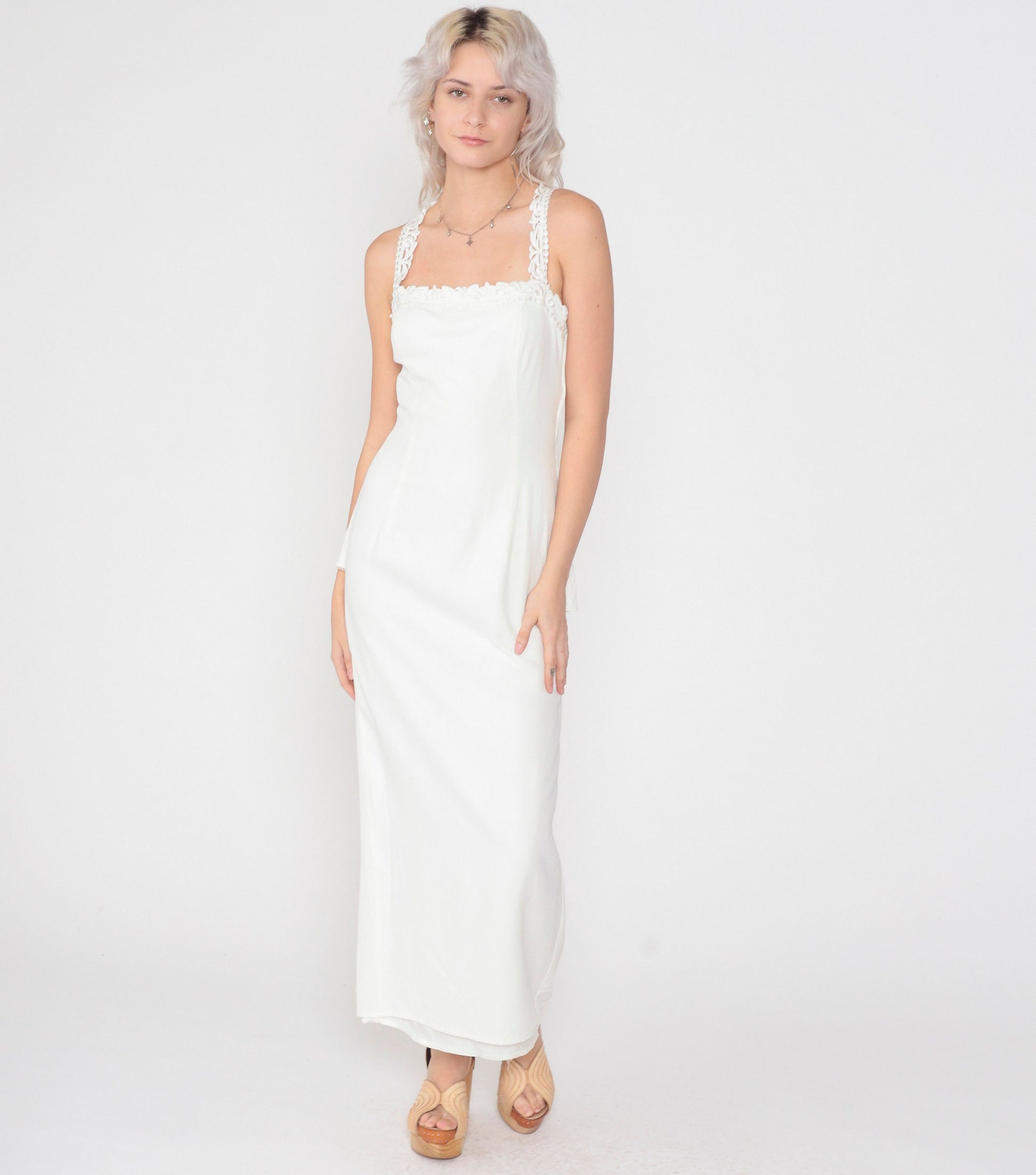 80s Scott McClintock White Maxi Dress Floral Lace Open Back Peplum Small