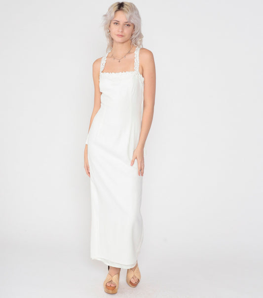 80s Scott McClintock White Maxi Dress Floral Lace Open Back Peplum Small