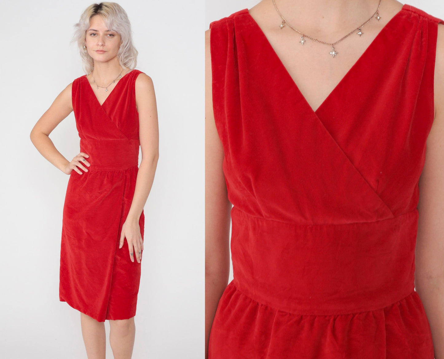 60s Red Velvet Mini Dress Empire Waist V-Neck Sleeveless Extra Small