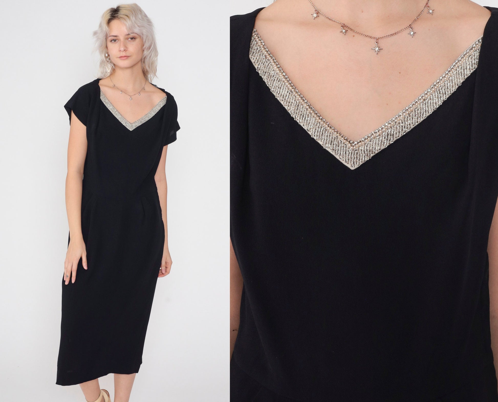 1950s Black Beaded Rhinestone V-Neck Midi Dress Short Sleeve Medium