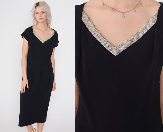 1950s Black Beaded Rhinestone V-Neck Midi Dress Short Sleeve Medium