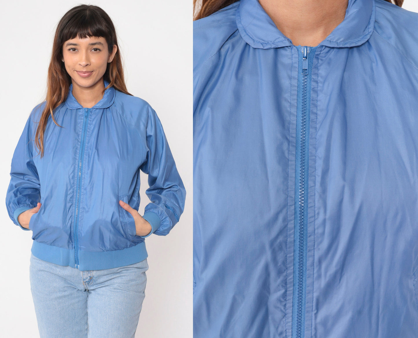 80s Blue Nylon Windbreaker Jacket Raglan Sleeve Zip-Up Medium