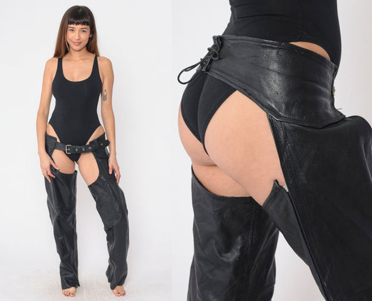 90s Black Leather Assless Chaps Buckle Front Zipper Snap Extra Large XXL
