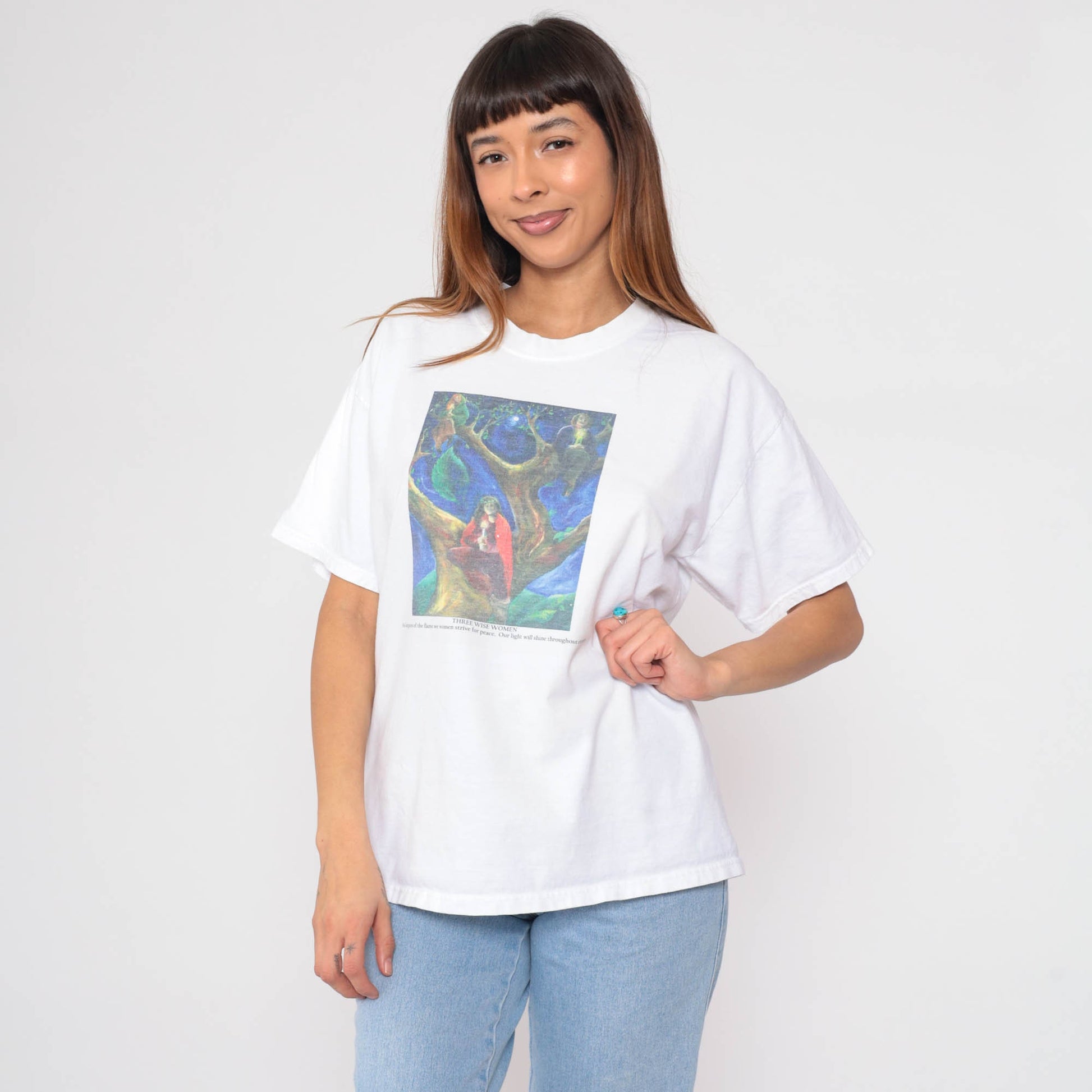 90s Three Wise Women Graphic T-Shirt White Feminist Slogan Large L