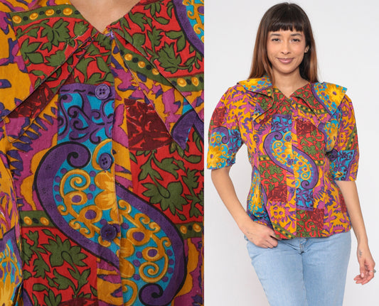 90s Mahudi Floral Cotton Blouse Puff Sleeve Pilgrim Collar Large L