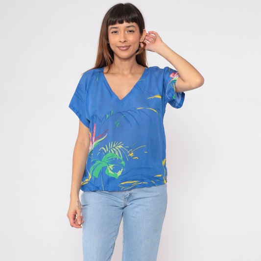 90s Tropical Floral Leaf Print Blouse Blue V-Neck Short Sleeve Medium M