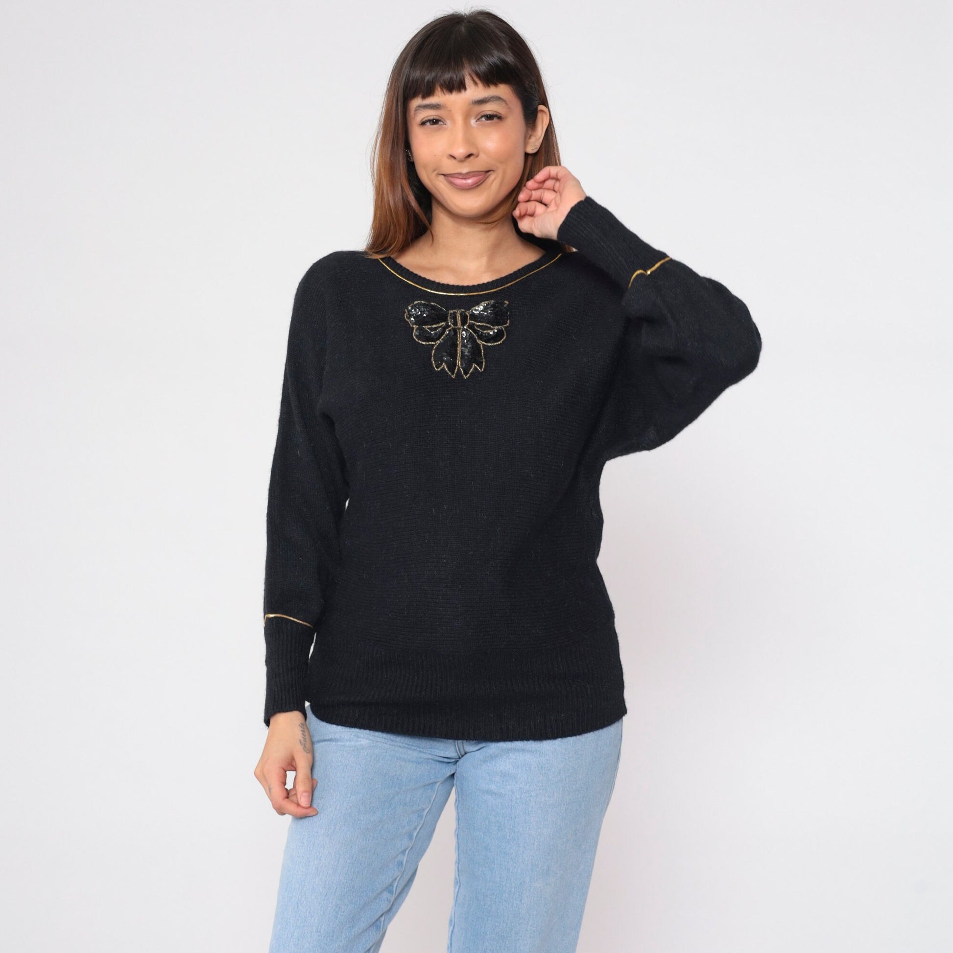90s Andrea Gayle Black Knit Sweater Sequin Bow Metallic Gold Trim Large L