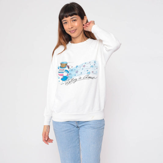 80s Halley's Comet Teddy Bear Astronaut Sweatshirt Raglan Crewneck Large L