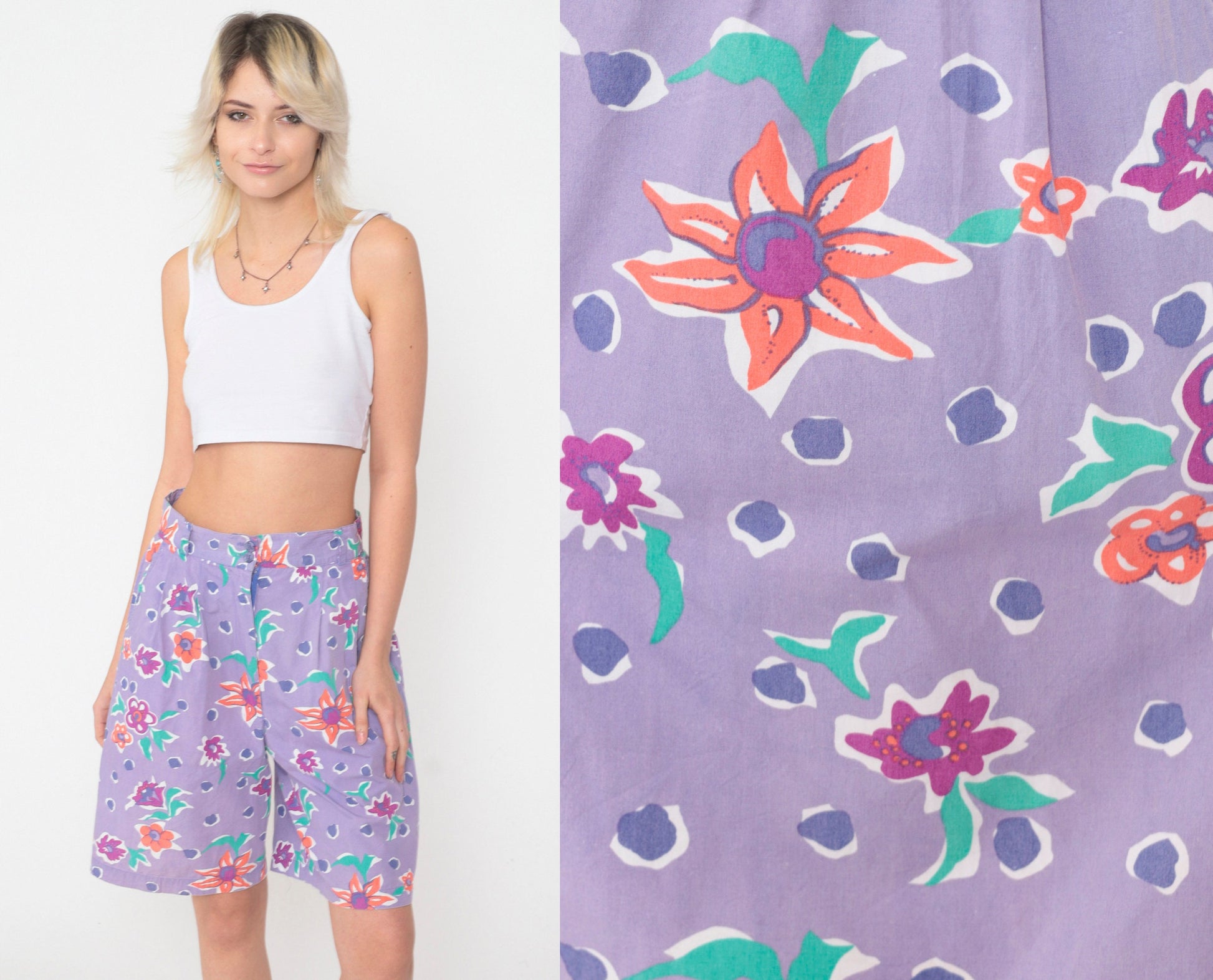 90s Lavender Polka Dot Floral Shorts High Waist Pleated Cotton Small