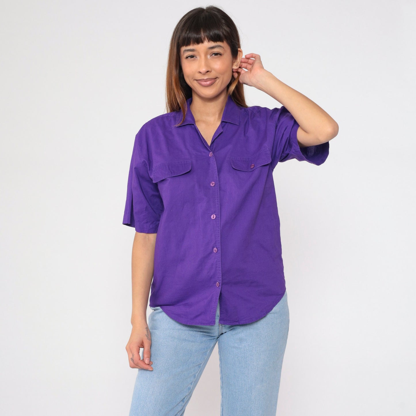 90s Karen Scott Purple Cotton Button-Up Blouse Short Sleeve Chest Pocket Medium