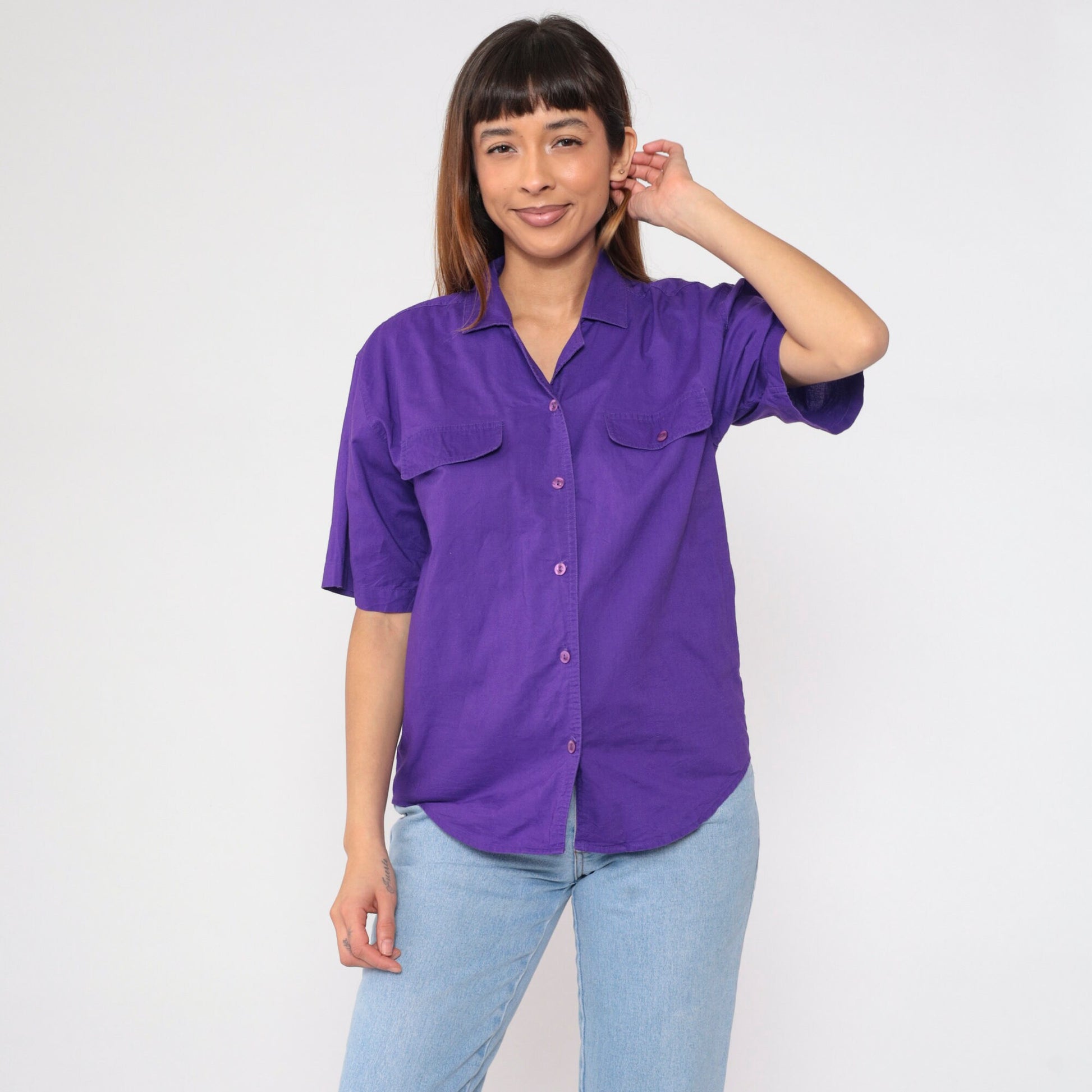 90s Karen Scott Purple Cotton Button-Up Blouse Short Sleeve Chest Pocket Medium