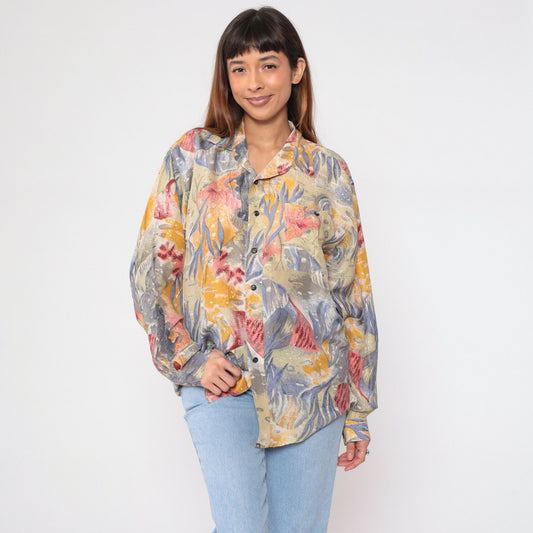 90s Fish Print Silk Button-Up Shirt Ocean Long Sleeve Medium M