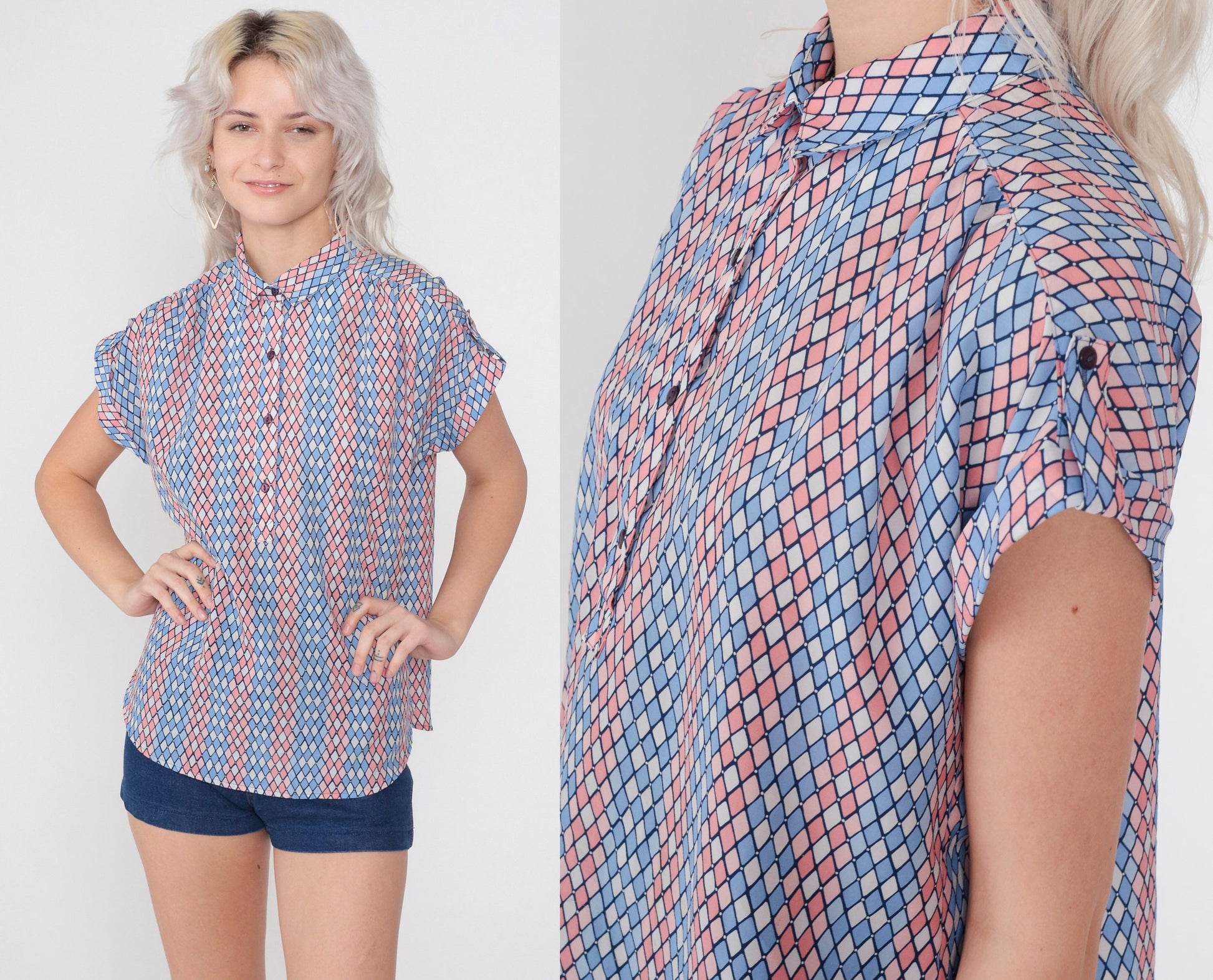 80s Diamond Print Half-Button Blouse Pink Blue White Cap Sleeve Medium M