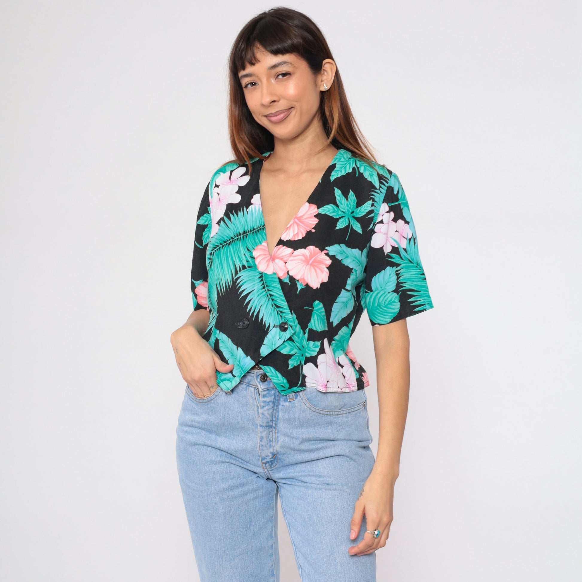 90s Black Tropical Floral Crop Top Double Breasted Blouse Medium M