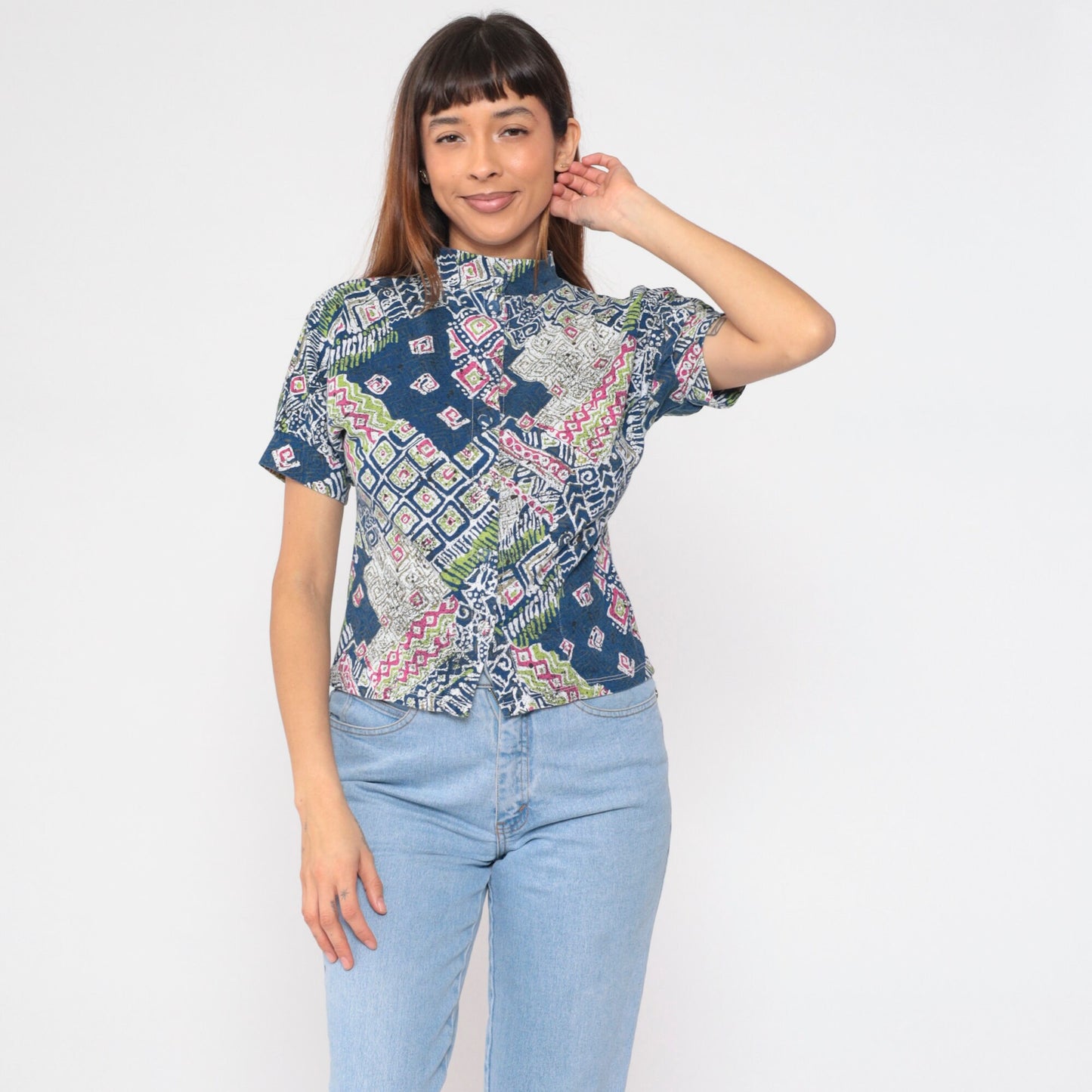 90s Batik Abstract Geometric Print Button-Up Shirt Blue Mock Neck Small