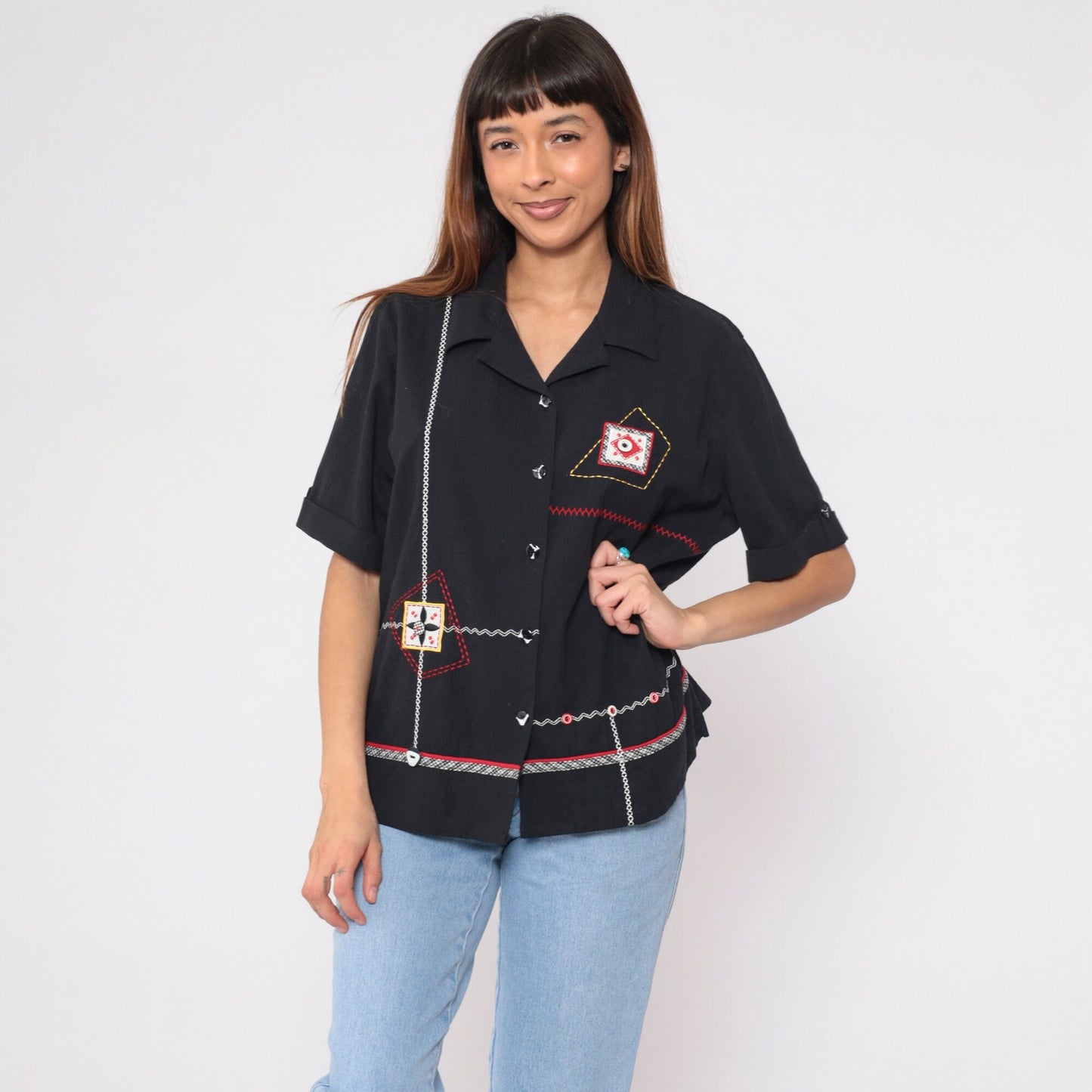 90s Koret Black Button-Up Blouse Abstract Embroidery Beaded Patch Large L