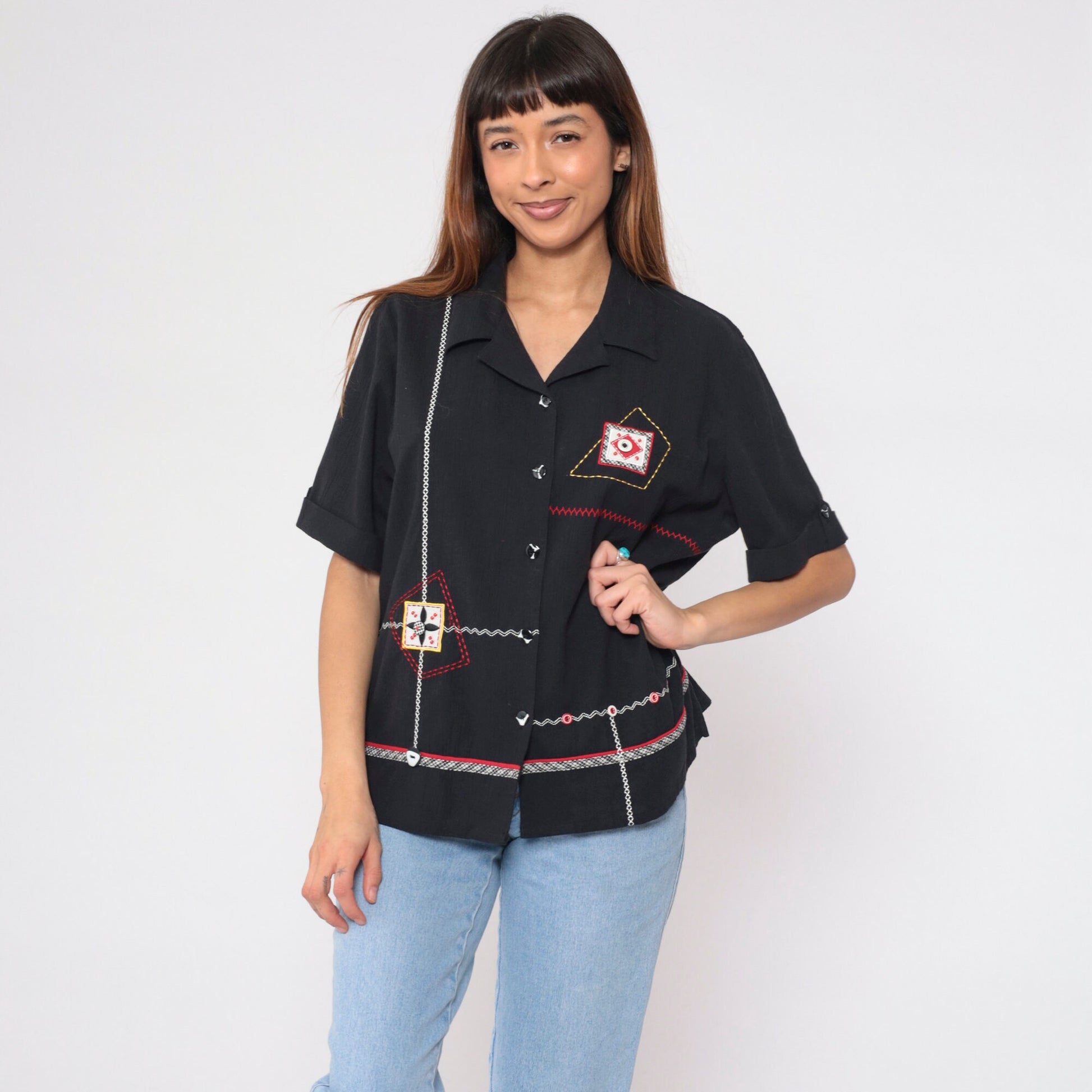 90s Koret Black Button-Up Blouse Abstract Embroidery Beaded Patch Large L