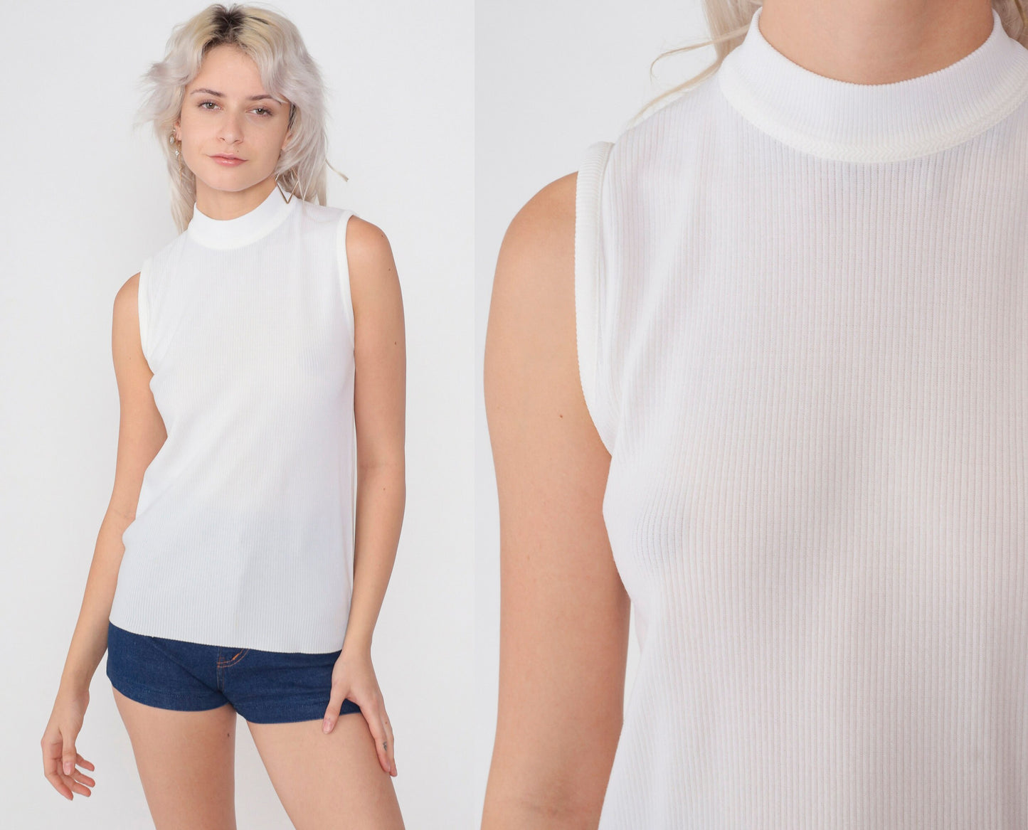 70s White Ribbed Mock Neck Sleeveless Tank Top Extra Small
