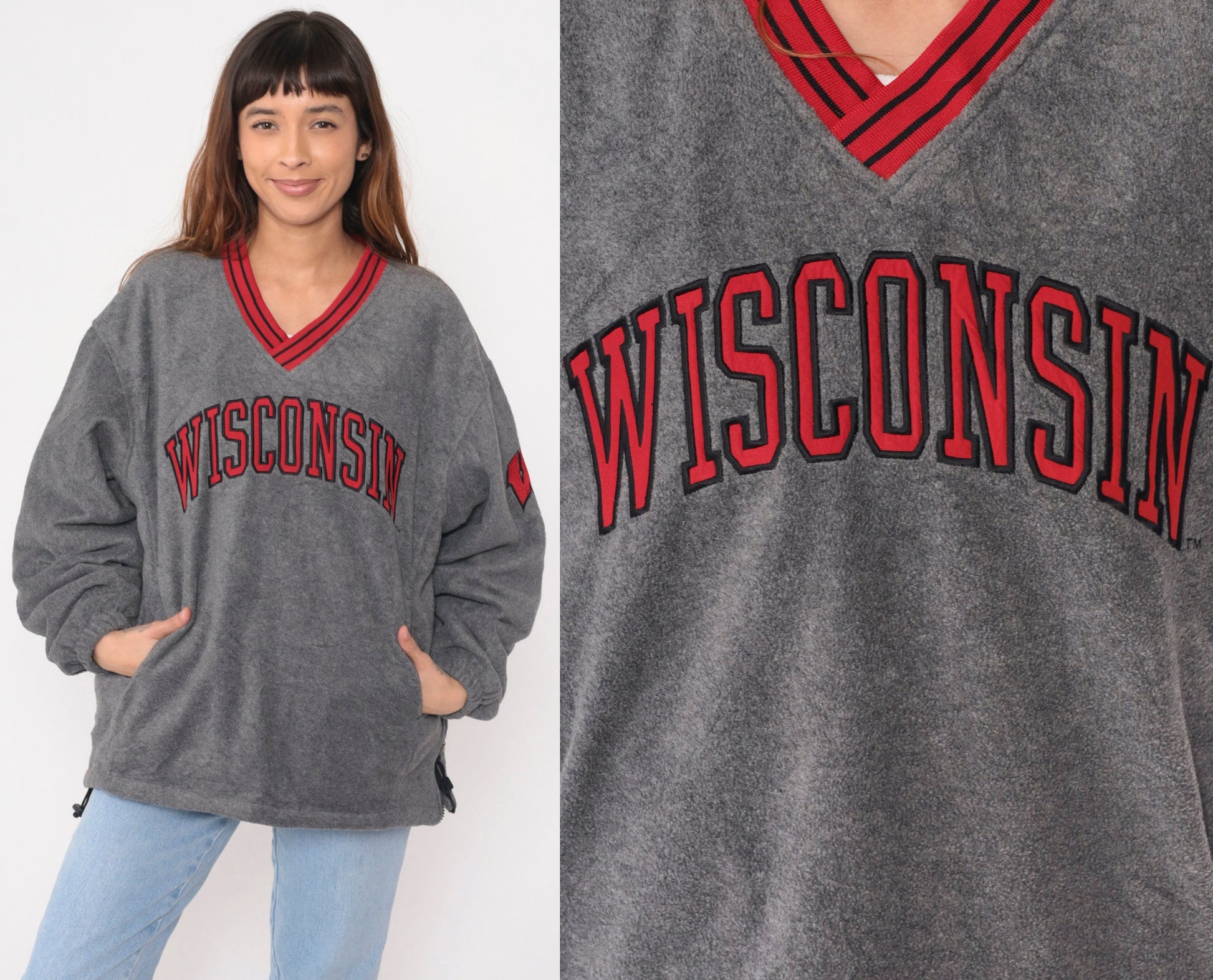 90s Wisconsin Badgers Grey Fleece Windbreaker Pullover V-Neck Medium