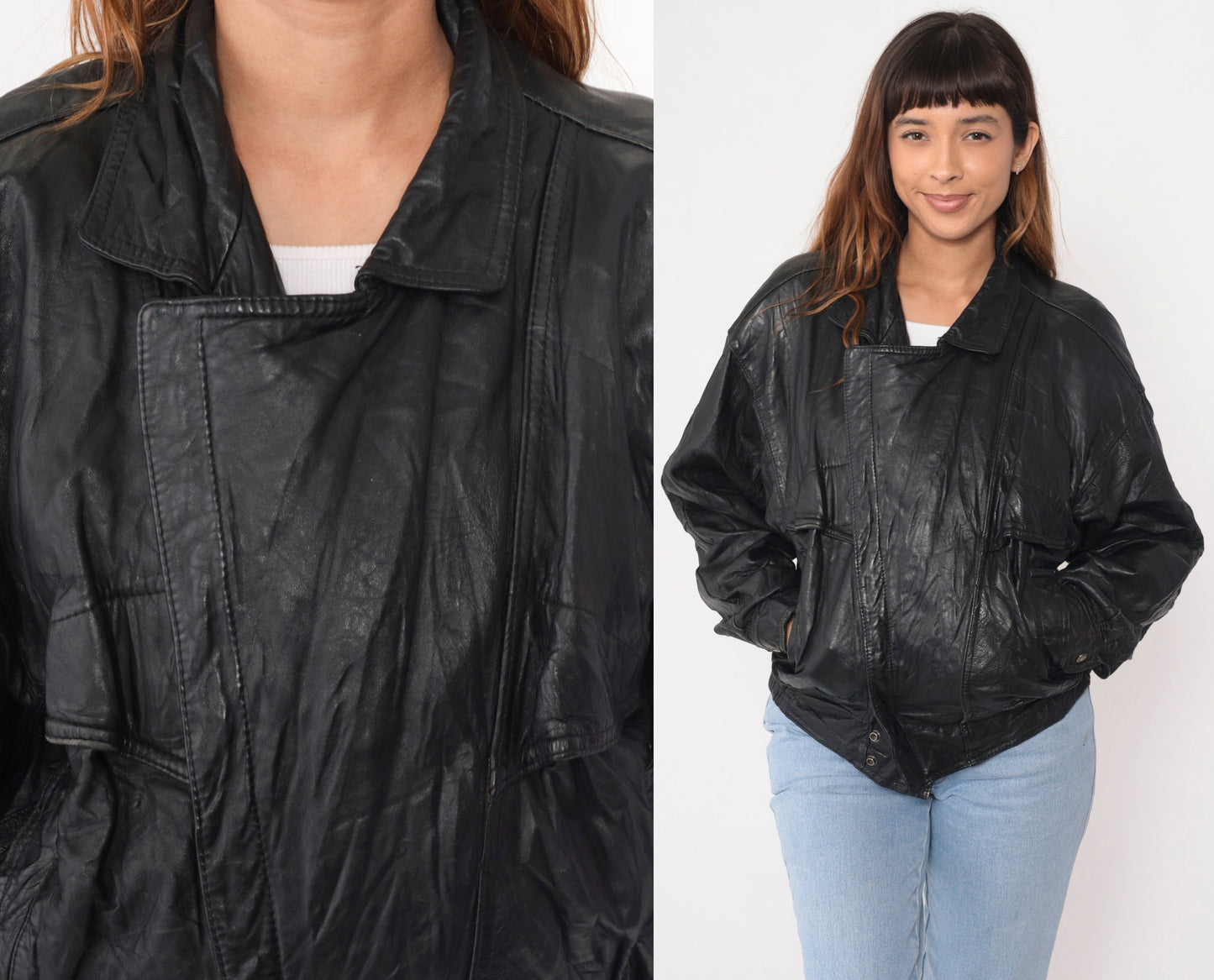 90s Black Leather Motorcycle Jacket Asymmetrical Moto Biker Small