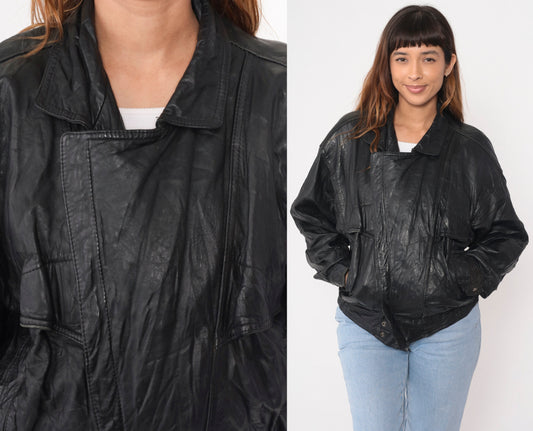 90s Black Leather Motorcycle Jacket Asymmetrical Moto Biker Small