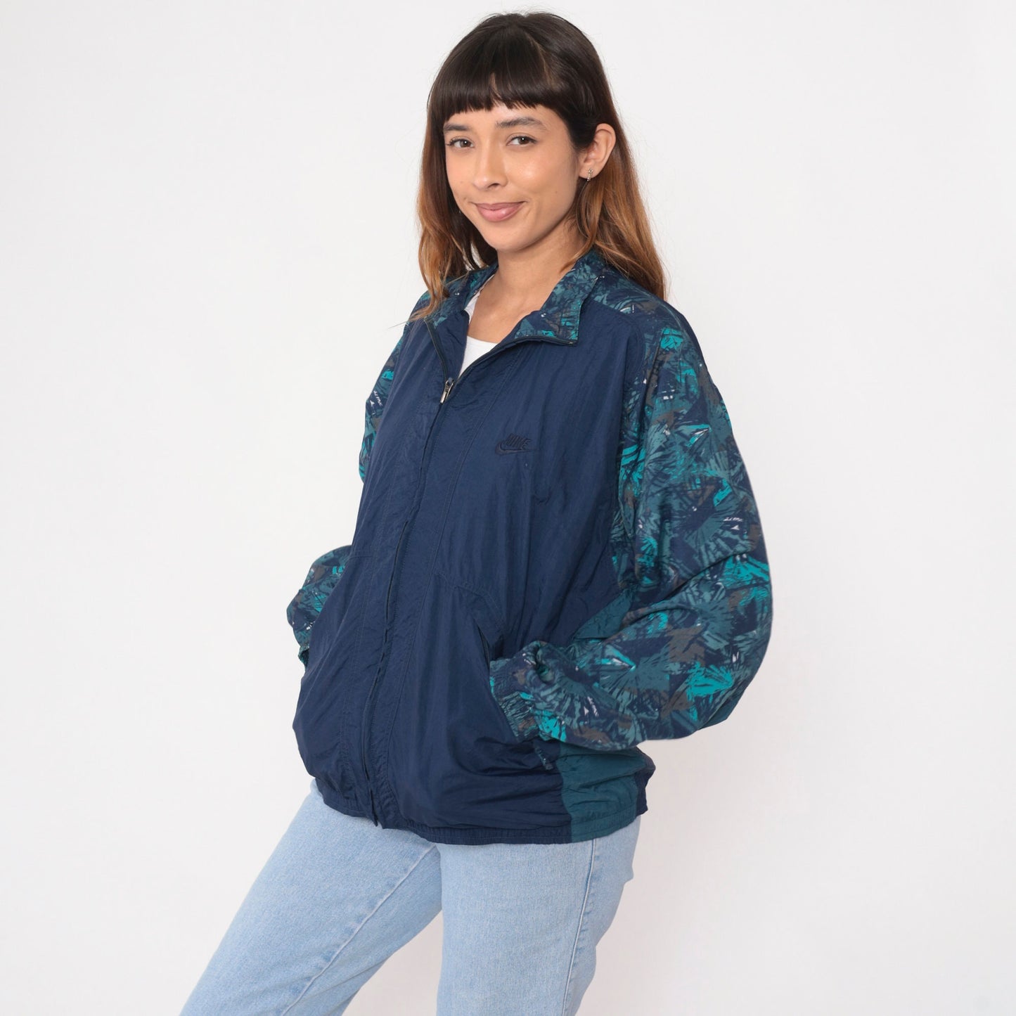 90s Nike Windbreaker Jacket Navy Abstract Print Nylon Zip Jacket Medium