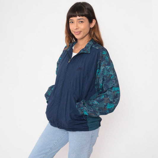 90s Nike Windbreaker Jacket Navy Abstract Print Nylon Zip Jacket Medium