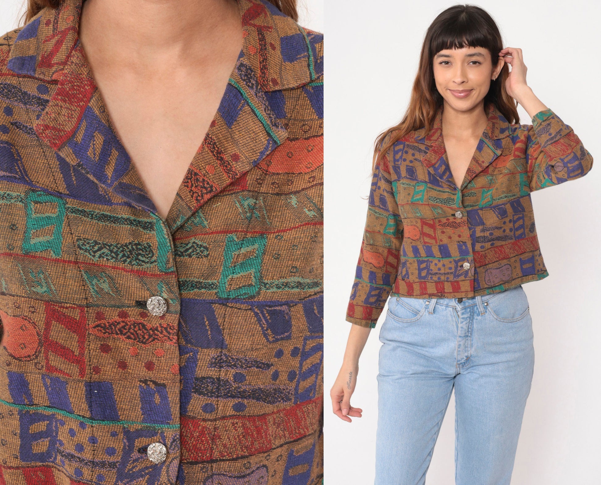 90s Tapestry Blazer Cropped Abstract Geometric Mustard Yellow Purple Extra Small